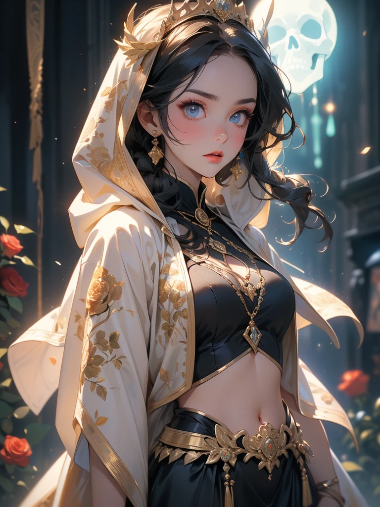 4K, A high resolution, Best quality at best, masterpiece, perfect colors, perfect shadow, perfect litthing, ((sportrait)), 1woman, fit-muscled body, bright yellow eyes,dark blue hair , blue eyes, With round lenses, The audience watched carefully, (s face: 1.2), Perfect female figure, ((standing)), ((beautiful queen in gold dress suite, tight crop top, wraping in luxurious gold hooded robes, gold roses and skull adorn her cloth, (tiara,roses,skull ornamental, black,dark))), ((shy and looking at viewert)), (Perfect thick white eyebrows) Delicate fur, Details face, s the perfect face, At a fantasy dark city , (model pose standing), energetic background, perfect dark city skyscape, lighting atmosphere, ((Bonifasko lighting)), (The round lenses on his eyes)(Detailed eyes), Perfect student, ((face close up))
