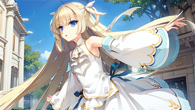 masterpiece，Highest quality，A dignified and elegant girl，Blonde hair and blue eyes，White tuxedo，God of Order，Light Shining on the Earth，The light of God，Temple of Order，Aurora，Seraph