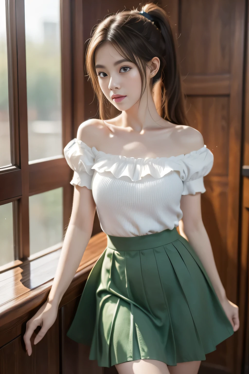 1 Girl, Solitary, Fresh beans, Horse girl, Horse Ears, Ponytail, Brown eyes, brown hair, long hair, A faint smile, Ear arch, Ruffle skirt, Green skirt, High waist skirt, puffy short sleeves, Thin, slim, (Japanese:0.8)