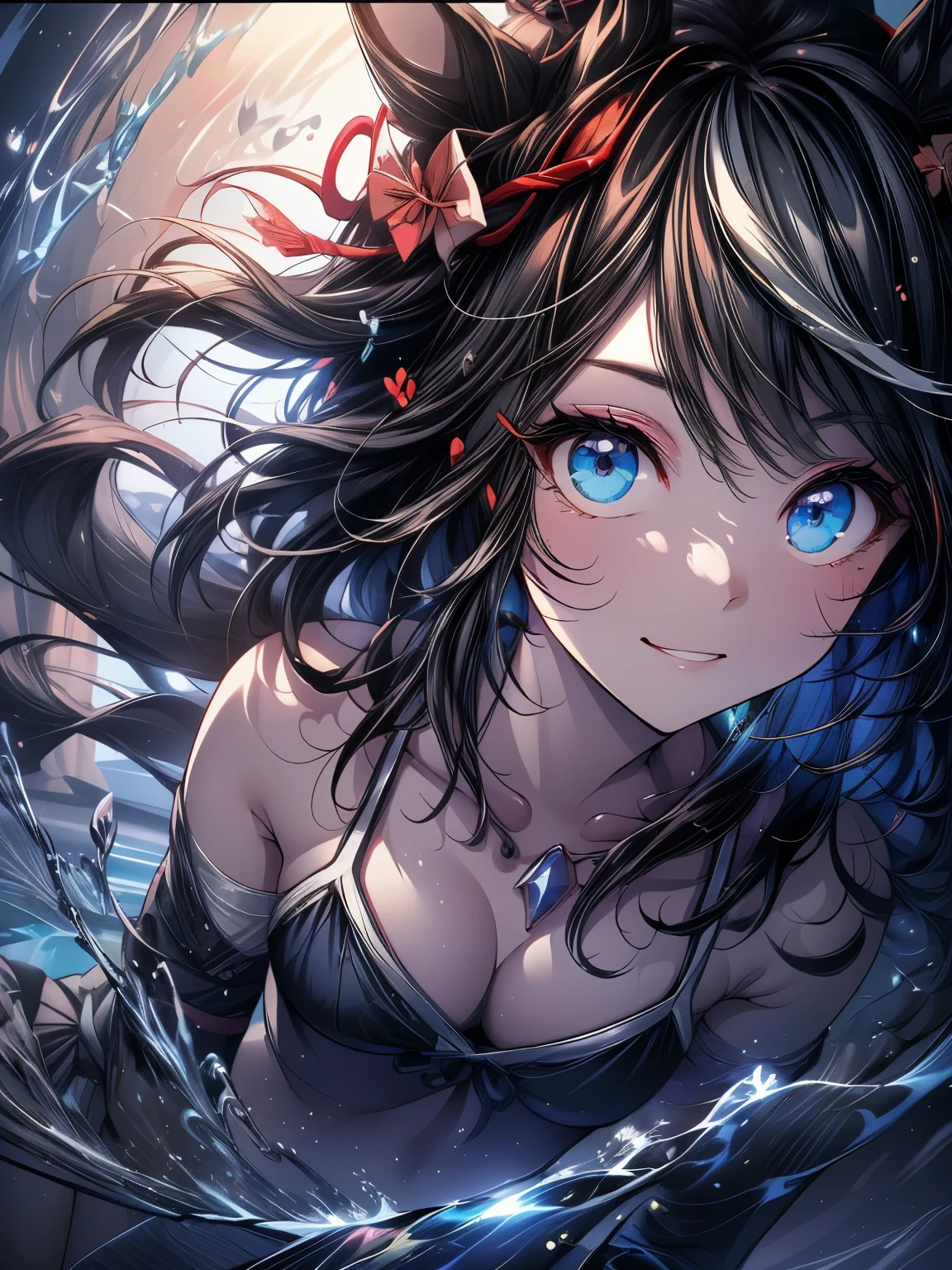 Cowboy Shot, (Tabletop.highest quality).(Dynamic Angle). (Amazingly detailed CG paintings),(Perfect Image)、Comic Strip.shape.One Girl.Detailed face、Perfect Face.Delicate face、Textured skin、Black Hair.length、(Horse-eared girl)Horse-eared girl、((Beautiful Blue Eyes)).Delicate and beautiful eyes、The eyes are fine、Reflective eyes、Watery eye、smile.(Gazing at the audience:1.3).(My face got a little red:0.8)、8k wallpaper、Cowboy Shot、reflected light、Highest detail、Complex、Delicate background、Textured skin、Detailed skin、Swimwear, ((カラフルなSwimwear))