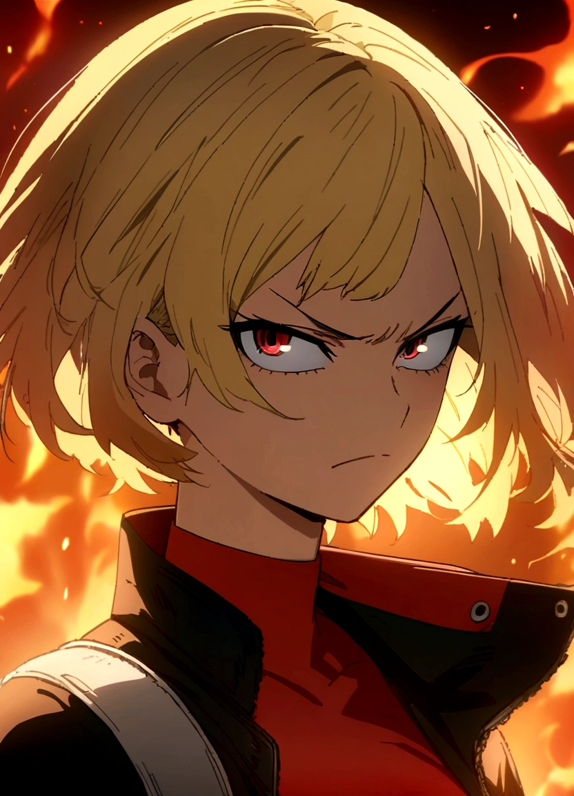 masterpiece, high quality, perfect face, high texture, 1 girl, 1 person, anime, my hero academia, blonde hair, short hair, red eyes, angry face, black jacket, flame, fire background