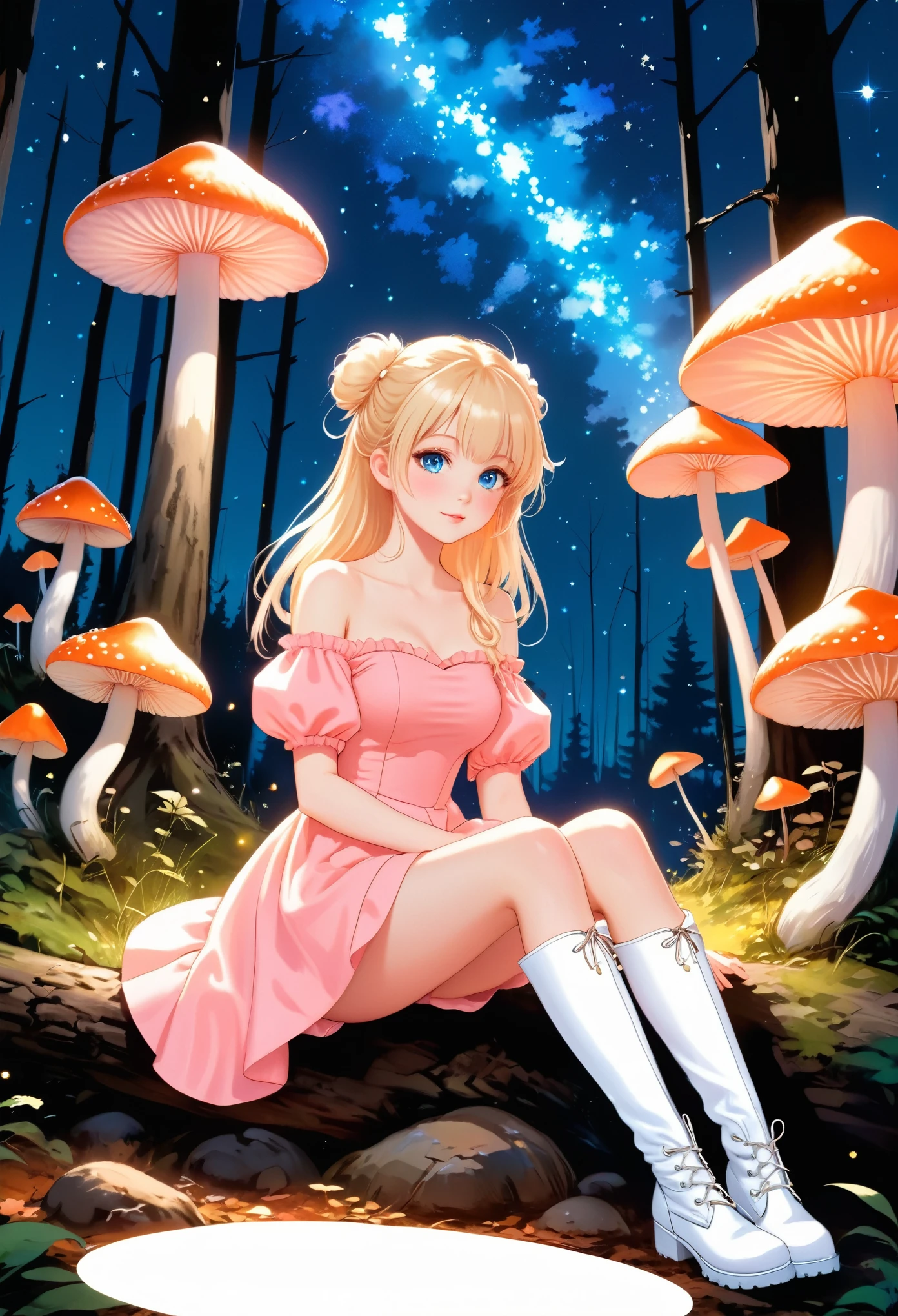 Anime girl with light blonde hair,With light blue eyes,Wearing a pink off-the-shoulder puff-sleeved dress and knee-high white boots,Sitting in the woods,Next to it is an orange mushroom,Surrounded by fireflies under the starry sky