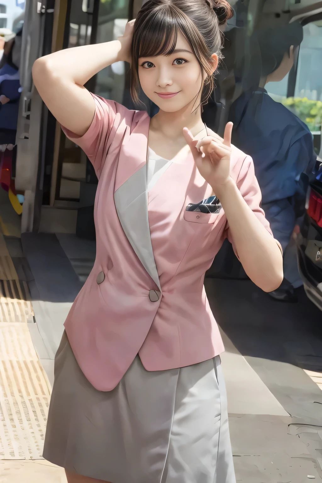 (masterpiece:1.2, highest quality:1.2), 32K HDR, High resolution, (alone、1 girl)、(On the rooftop of a building in the daytime、Professional Lighting)、Building rooftop background、(Nankai train crew uniform pinkを着たリアルスタイル)、(Nankai train crew uniform pink short sleeve pink jacket、Nankai Train Crew Uniform Pink Collarless Short Sleeve Blouse、Nankai Train crew uniform pinkのグレー色のキュロットスカート)、Dark brown hair、(Hair tied up、Hair Bun、Hair Bun)、Dark brown hair、Long Shot、Big Breasts、Thin legs、((Great hands:2.0)),((Harmonious body proportions:1.5)),((Normal limbs:2.0)),((Normal finger:2.0)),((Delicate eyes:2.0)),((Normal eyes:2.0)))、smile、(Nankai Train crew uniform pinkのグレー色のキュロットスカートを見せた美しい立ち姿)、Put your hands down、I have nothing in my hands