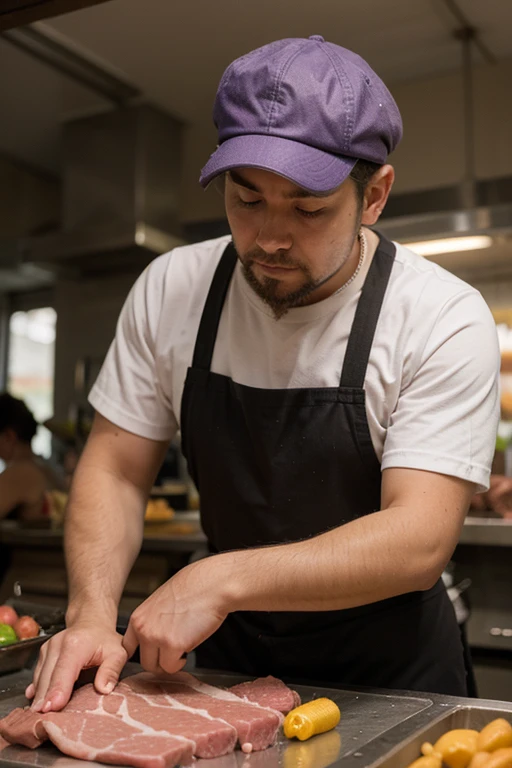 A man working in a market cutting meat with a cap and purple down watching the meat he is cutting, con un mantel color amarillo