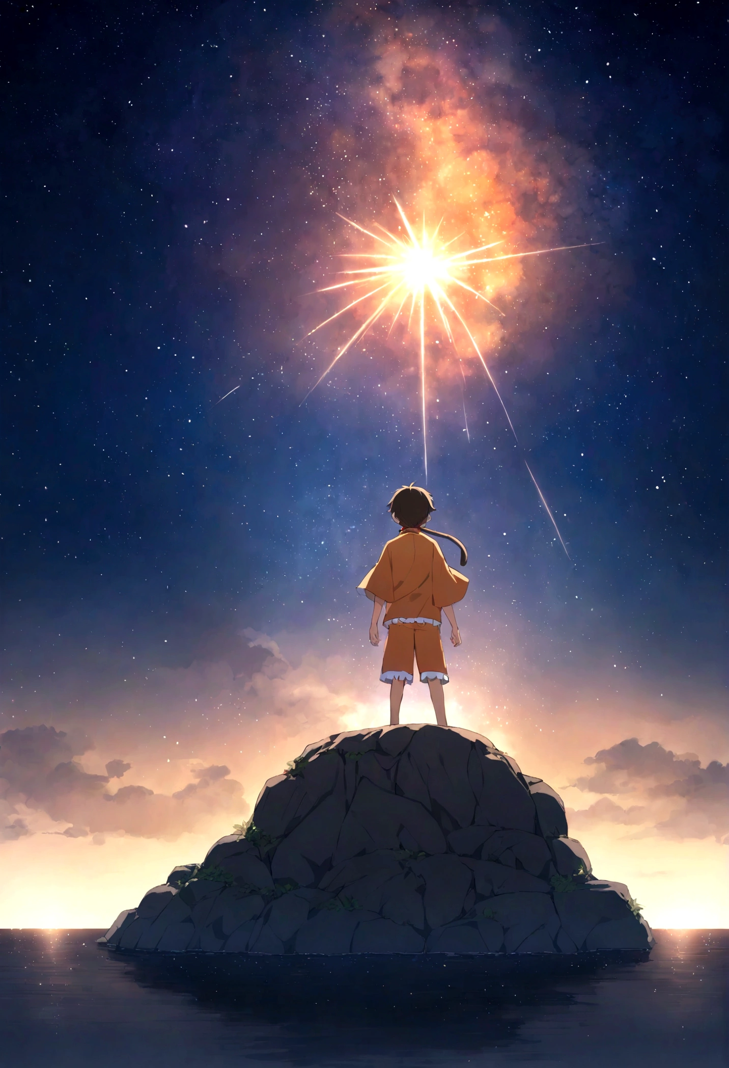 Monkey D. Luffy Wano Country, on a big rock, Looking to the horizon, Orange clothes, Night sky and stars, Bright stars in the sky,