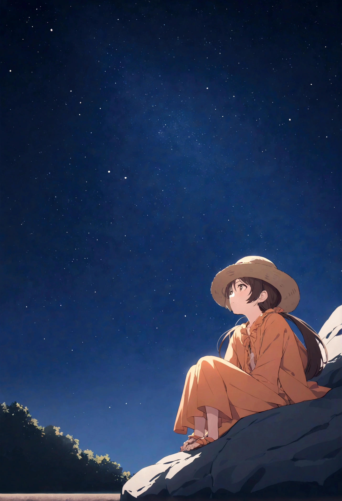 Monkey D. Luffy Wano Country, on a big rock, Looking to the horizon, Orange clothes, Night sky and stars, Bright stars in the sky,