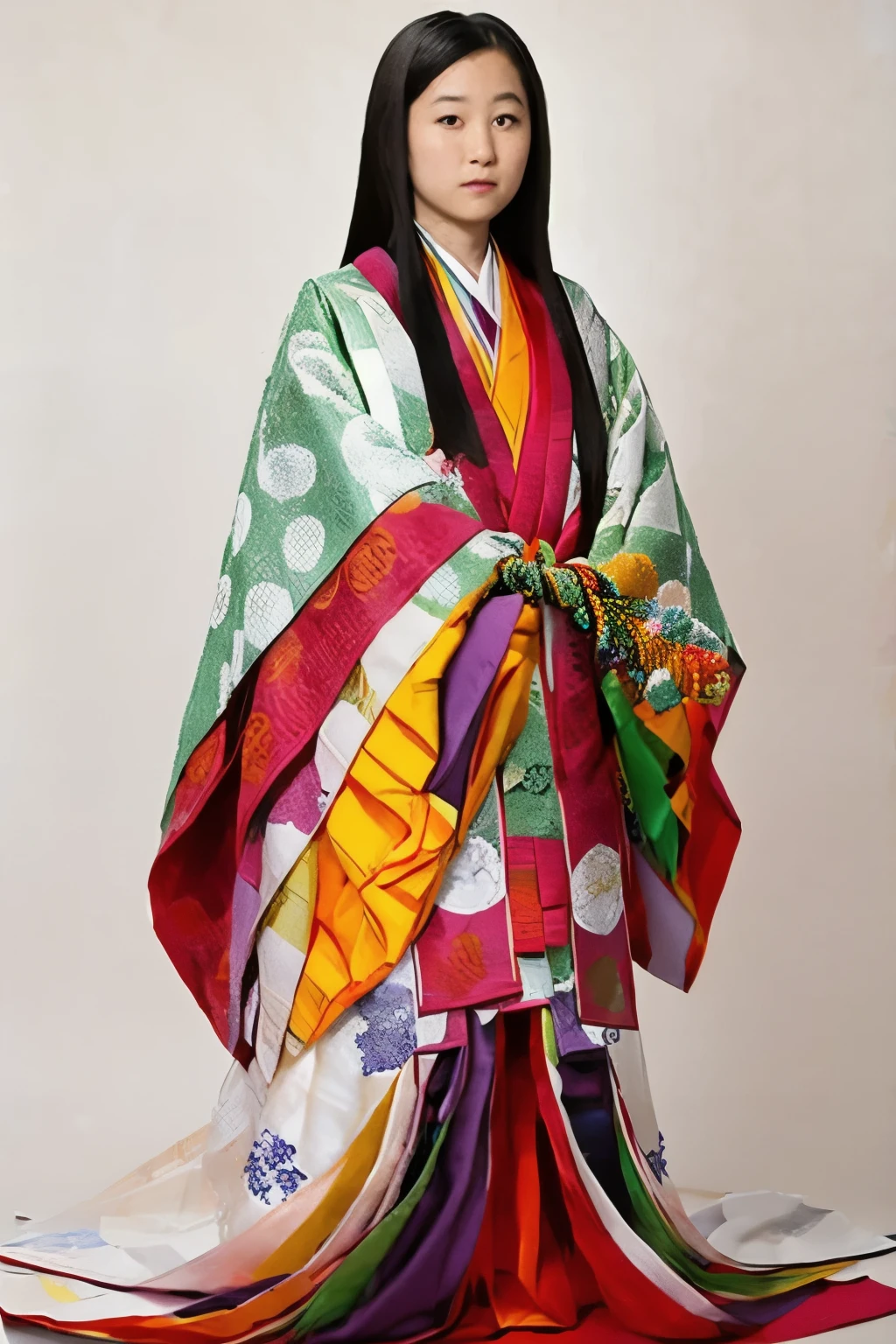 (masterpiece, highest quality:1.2), One girl, beautiful japanese girl, juni-hitoe, solo, (full body), Straight long black hair、hiogi、court crest print, itutuginu, kasanenoirome, munamoto itutugine, sodeguchi itutuginu, suso itutuginnu, detail, Blank background, white background,