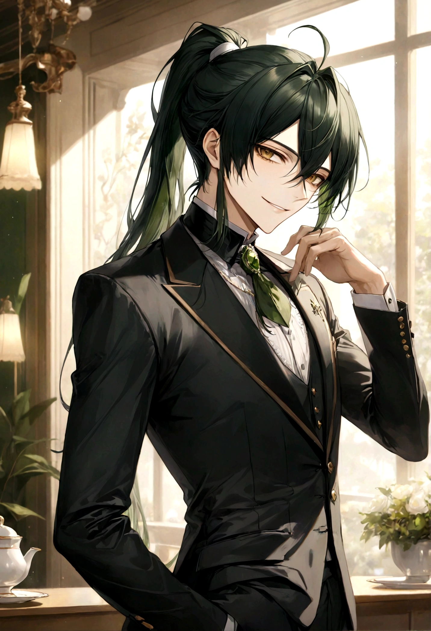 ((top-quality)), ((​masterpiece)), ((ultra-detailliert)), (extremely delicate and beautiful), handsome man, dark green hair, long straight hair, high ponytail hairstyle, golden eyes, serene expression, graceful smile, wearing black butler suit, tearoom background