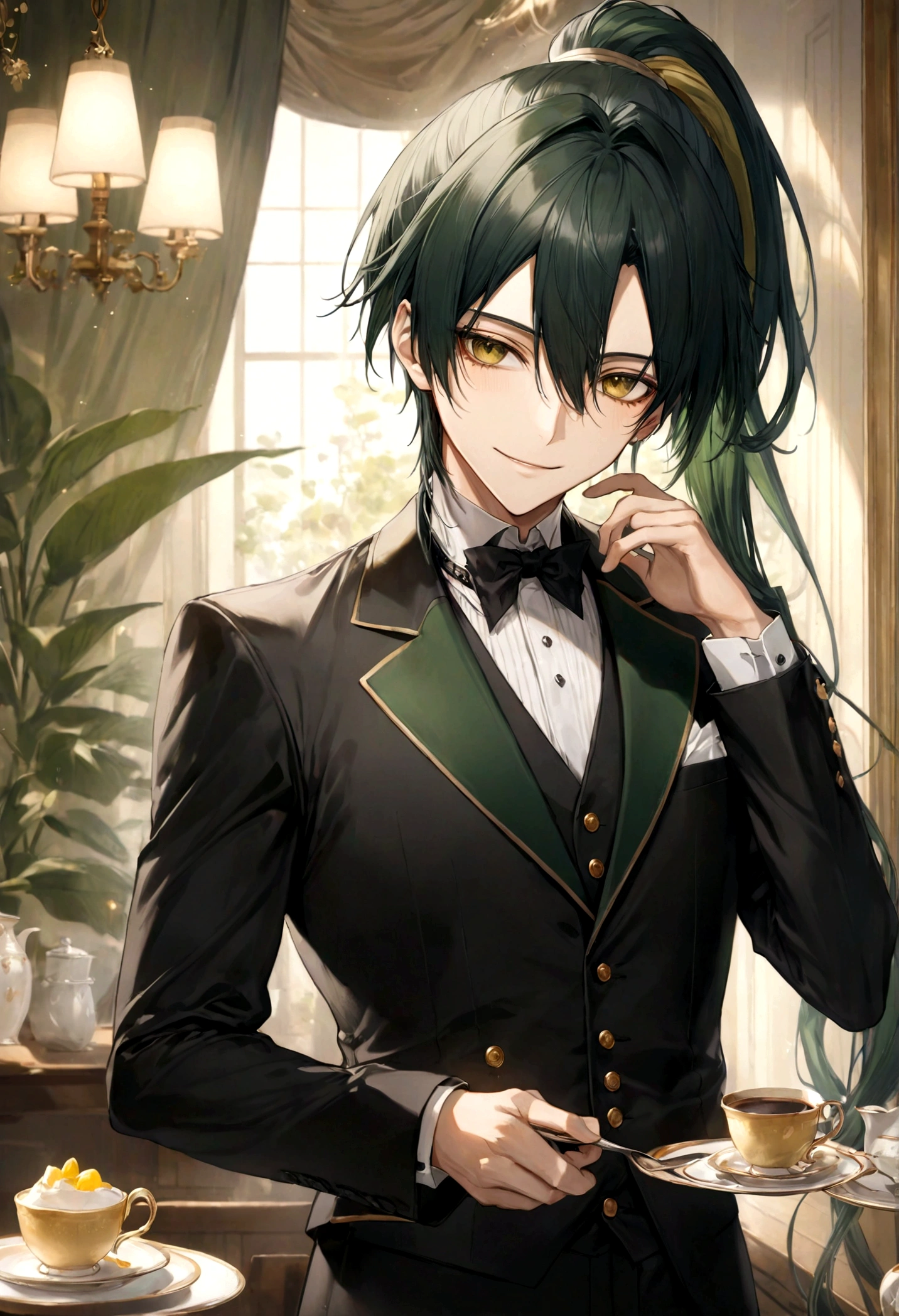 ((top-quality)), ((masterpiece)), ((ultra-detailliert)), (extremely delicate and beautiful), handsome man, dark green hair, long straight hair, high ponytail hairstyle, golden eyes, serene expression, graceful smile, wearing black butler suit, tearoom background
