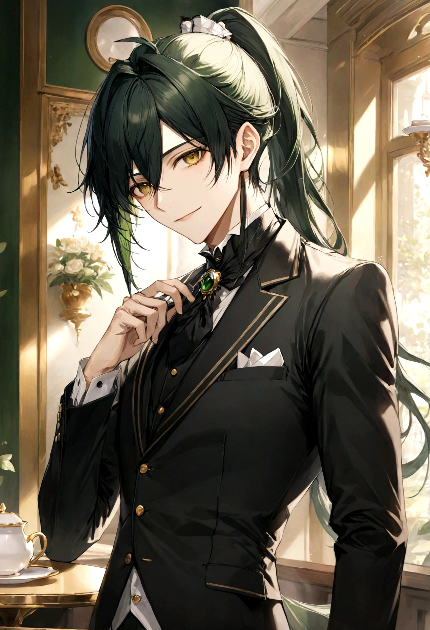 ((top-quality)), ((masterpiece)), ((ultra-detailliert)), (extremely delicate and beautiful), handsome man, dark green hair, long straight hair, high ponytail hairstyle, golden eyes, serene expression, graceful smile, wearing black butler suit, tearoom background