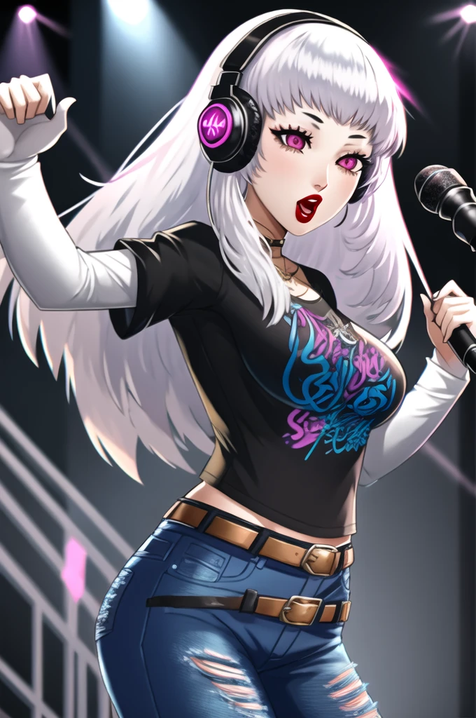 (masterpiece:1.2), best quality, high resolution, 1girl, solo, lysithea, white hair, pink eyes,earrings ,lipstick, eye shadow, makeup, 1girl, solo, black t-shirt, white shirt, blue jeans, belt, lipstick, large breasts, layered sleeves, sexy pose, holding a microphone, singing, stage background, headphones,