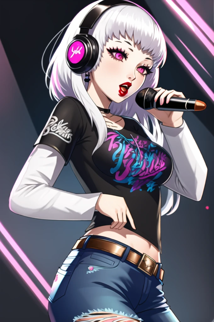 (masterpiece:1.2), best quality, high resolution, 1girl, solo, lysithea, white hair, pink eyes,earrings ,lipstick, eye shadow, makeup, 1girl, solo, black t-shirt, white shirt, blue jeans, belt, lipstick, large breasts, layered sleeves, sexy pose, holding a microphone, singing, stage background, headphones,