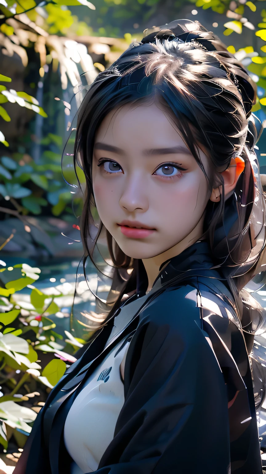 Hatsune Miku, Black clothes、Black Hair、Black Theme、masterpiece, 最high quality, high quality, High resolution、In front of a large waterfall in the forest、((Upper body portrait))