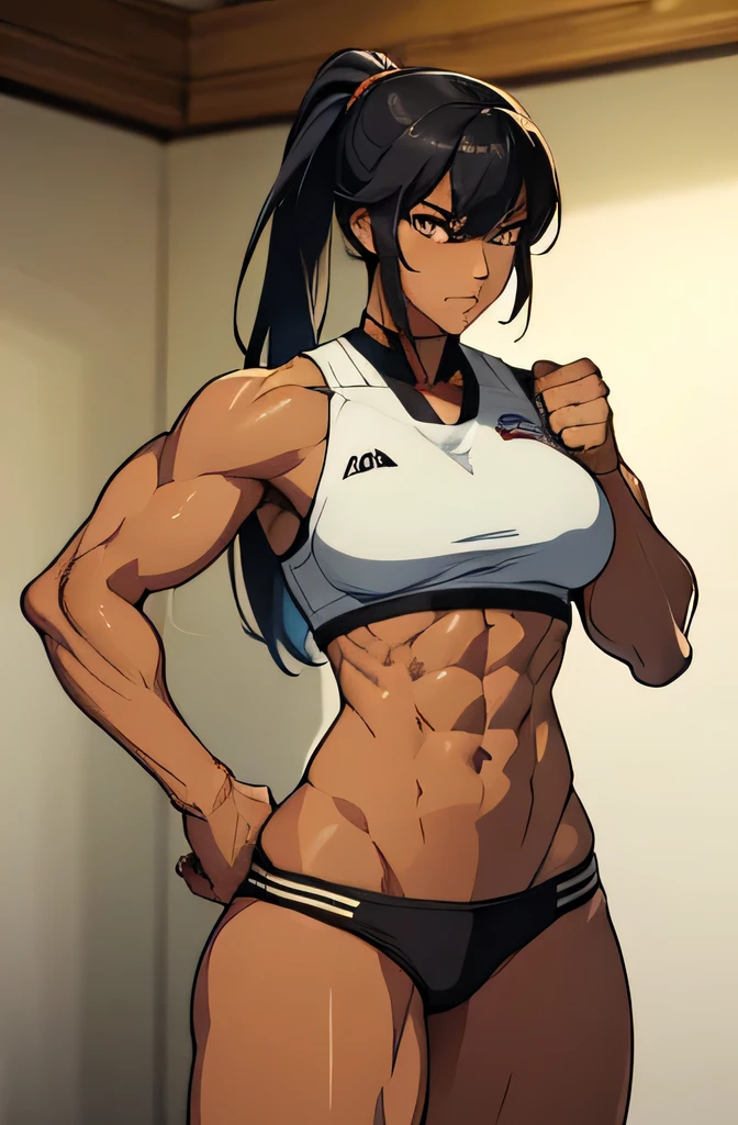 best quality,high resolution,(fighter),(((muscle))),((tan)),tall,ponytail、Black Hair,woman,Muscular,tall