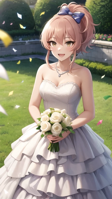 masterpiece, best quality, highres, Jougasaki Mika, ponytail, hair bow, wedding dress, strapless, necklace, white dress, garden, standing, cowboy shot, holding bouquet, open mouth, smile, confetti,