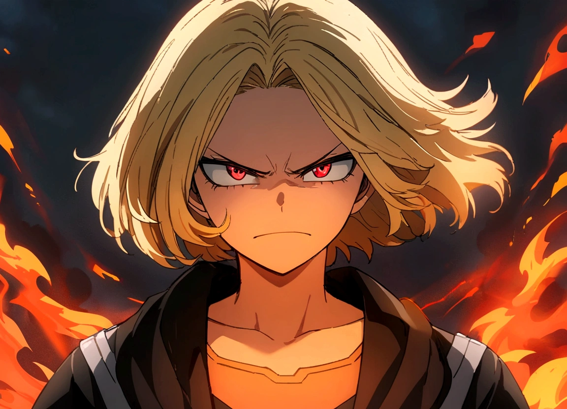 masterpiece, high quality, perfect face, high texture, 1 girl, 1 person, anime, my hero academia, blonde hair, short hair, red eyes, angry face, black jacket, flame, fire background