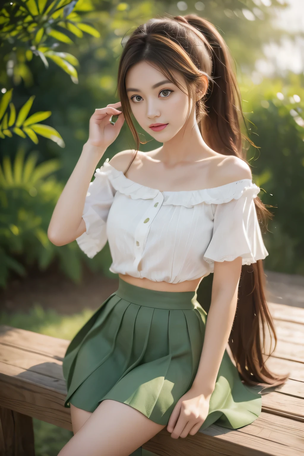 1 Girl, Solitary, Fresh beans, Horse girl, Horse Ears, Ponytail, Brown eyes, brown hair, long hair, A faint smile, Ear arch, Ruffle skirt, Green skirt, High waist skirt, puffy short sleeves, Thin, slim, (Japanese:0.8)