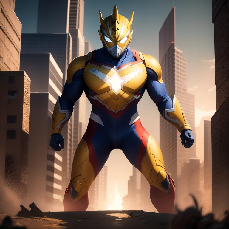 (masterpiece, best quality:1.2), 1boy, solo, a giant yellow ultraman,full body,towering over buildings,dramatic lighting,epic fight scene,highly detailed,4k,8k,photorealistic,cinematic, Ultraman Trigger