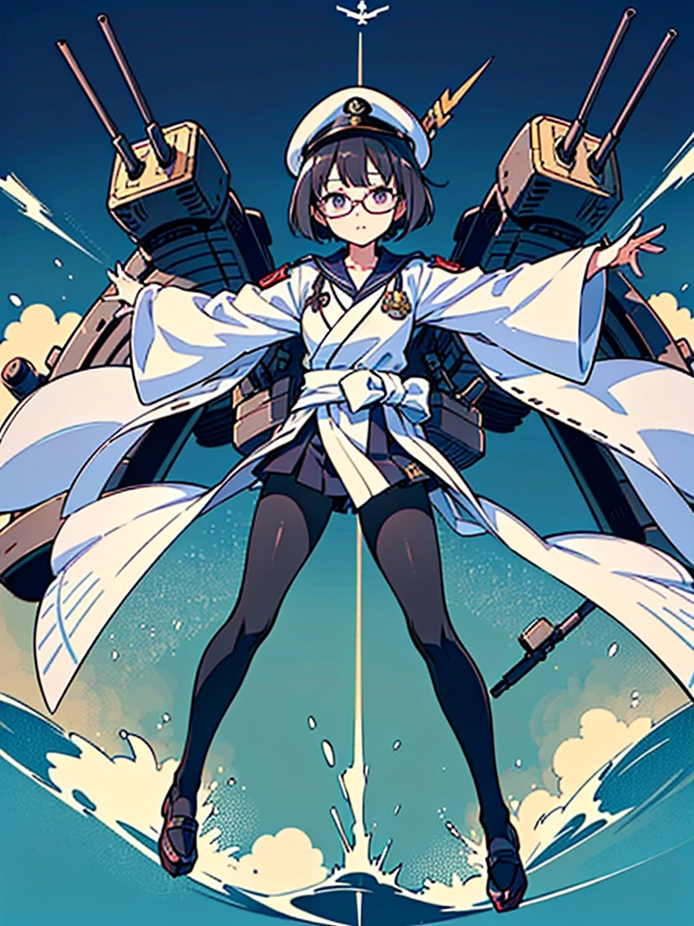 ((((Full body of a woman with perfect flat chest、Short black hair、white military jacket、White kimono-style sailor suit、tights、Black glasses、White military cap)))), (((masterpiece))), (((Shipgirl))), ((Floating on the morning sea with both feet)), ((dragon woman)), Spreading his sharp-clawed arms, ((Thrusts out his sharp-clawed right arm forward)), (Spread your legs wide open), (A large purple square gem in the center of the chest), (Holding a shotgun with both hands), (Mechanical arms extending from the waist are used to equip the ship with battleship equipment.), (Equipped with a turret on the back), Holds a large shield in left arm, Torpedo tubes mounted on thighs, Spreading the Machine's Wings, Machine tail, brainWM, Gundam girl, shot gun,
