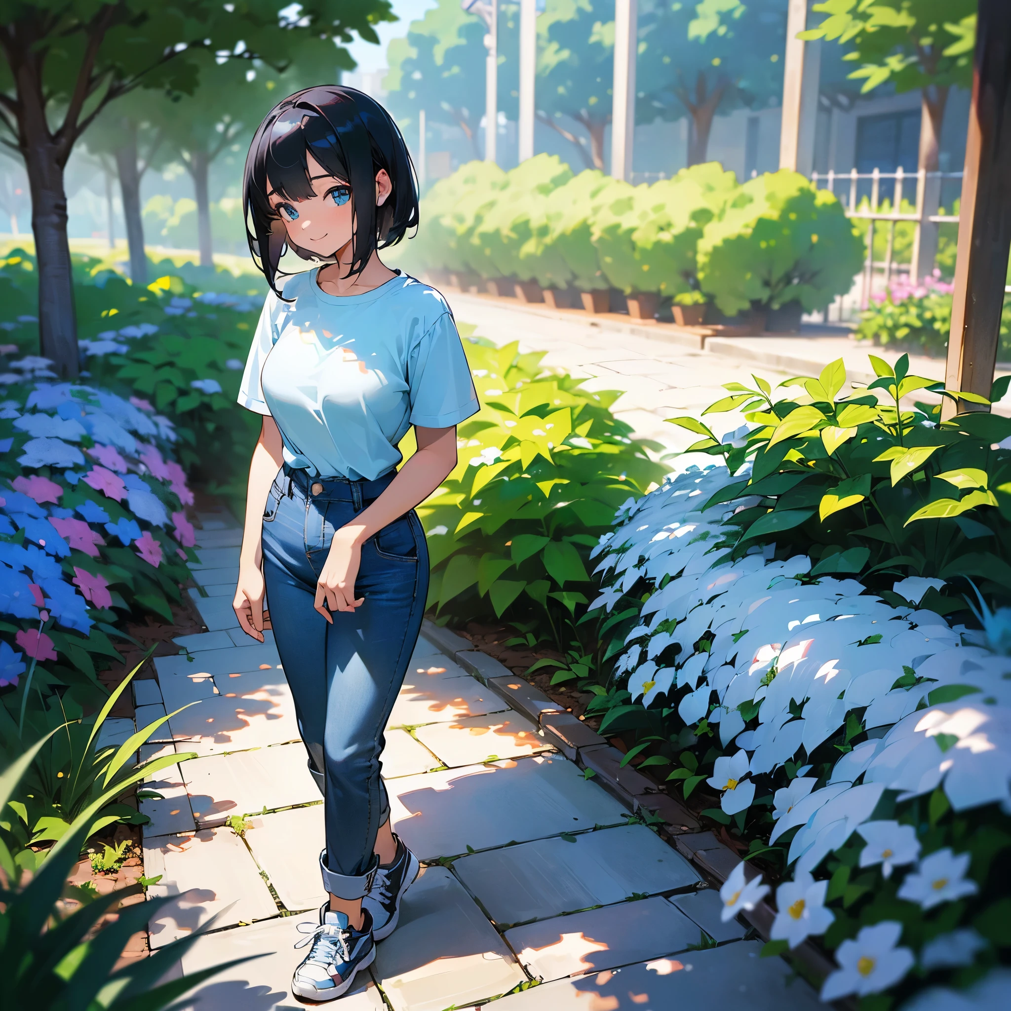 (high quality, High resolution, Very detailed, reality:1.37), Peaceful atmosphere, (Outdoor, garden),  girl standing alone, (my breasts are big.), Beautiful details, Cute Smile, (Black bob hair), Short sleeve shirt, Denim pants, Blue socks, sneakers.