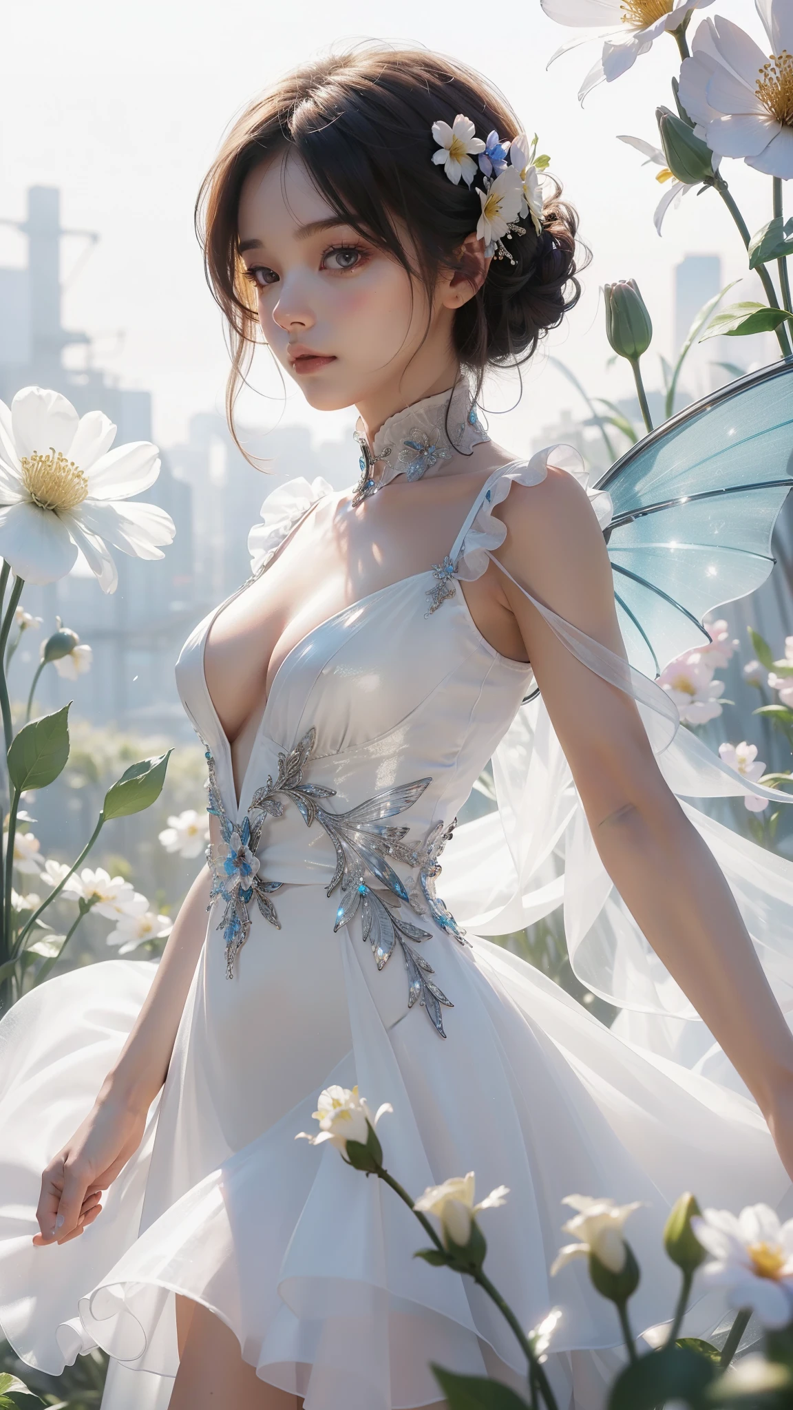 (((A girl)),Colorful transparent wings,(((In the flowers))),Princess dress,Irridescent color,The Arthur effect,, Gradient translucent glass melt, Caustics, transparent glass texture, Designed by Dietrams, Simple, Glows in high detail, white backgrounid, industrial design, studio lit, C4D, OC renderer, Beautiful nipples,Small breasts,Highest image quality,Clean shadows, 32K