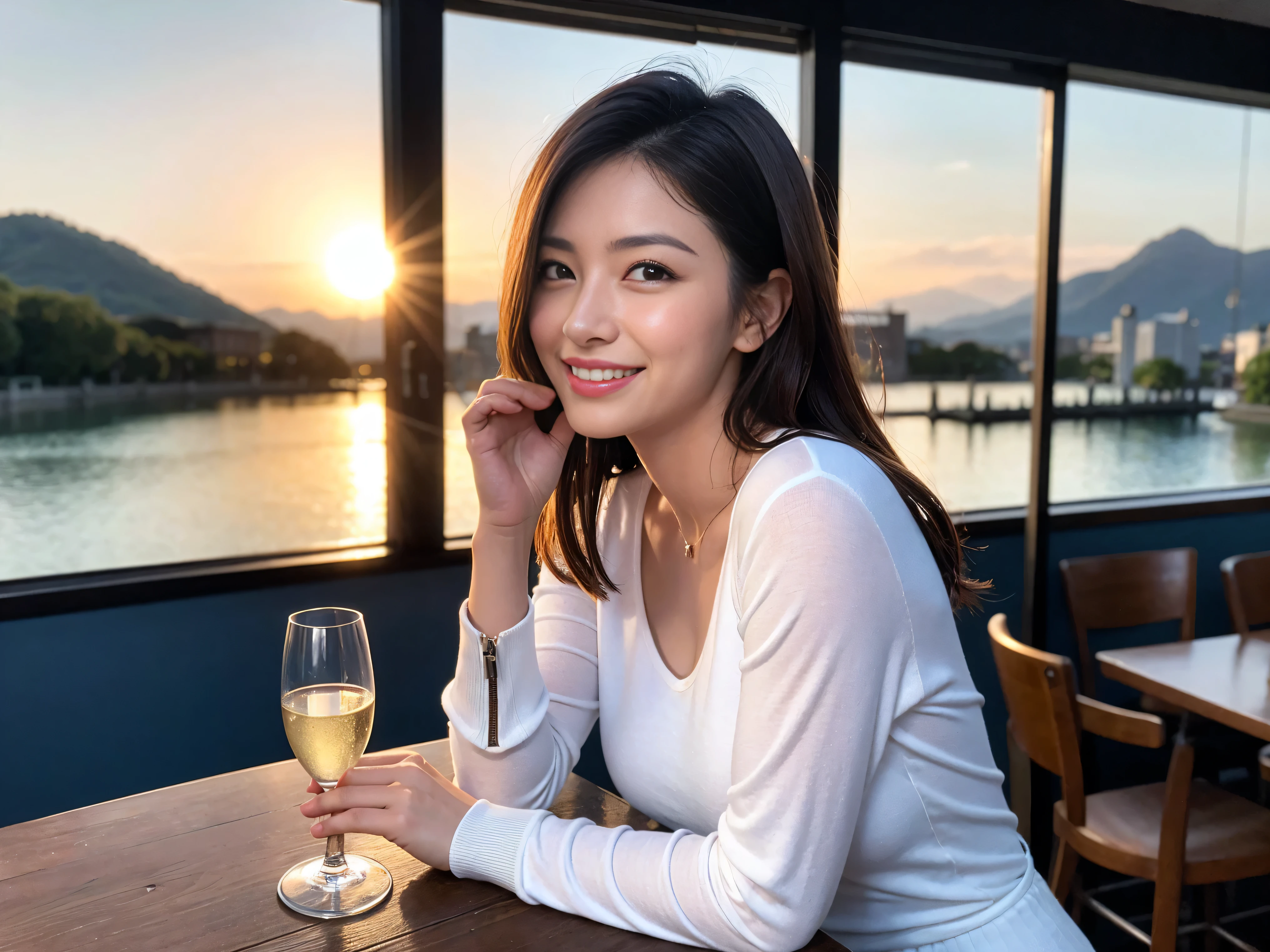((highest quality、8k、masterpiece:1.3))、1 male、1 woman who resembles Satomi Ishihara、Couple、Spouse、Couple、The body is slim、((Bob Hale、Straight hair:1.2)), (Realistic, Intricate details:1.2), Wine glass on the table、Shine light on your face、 Amazing view of the sunset sky and clouds、Amazing mountain views、A bright smile、The wonderfulness of smile、Bright image、The beauty of wine, Beautiful Face, blue eyes, The light shines on your face, Blushing, short hair,Bright Face、 (42 years old), 39 years old, red wine 、Appetizers、Italian food、Wine bottle、Champagne、sparkling wine、Two beauties、Brown Hair、Shortcuts、Long sleeve shirt、dress、Pretty Woman 1, (Slim face), (The body is slim), (Brown Hair), (Shortcuts), cheeks turn a little red,Attractive beauty、restaurant, In a prominent place (From the waist up) Nova Frog Style, actress, model, Upper Body, White wine, slim, wine glass, A wine glass placed in the center, smile, (smile: 1.15), Beautiful fine grain, Depth f/2,saturation, High Contrast, Strong light and shadow,Moist Body:1.5、3D texture、Delicate eyes、Brown Hair、The hair is very shiny、