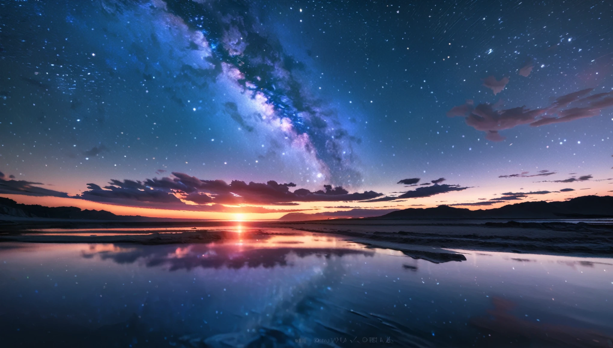 scenery, ultra detailed, 8k, starry, nebula, horizon, reflective water surface, blue, cool, summer, real, raw photo