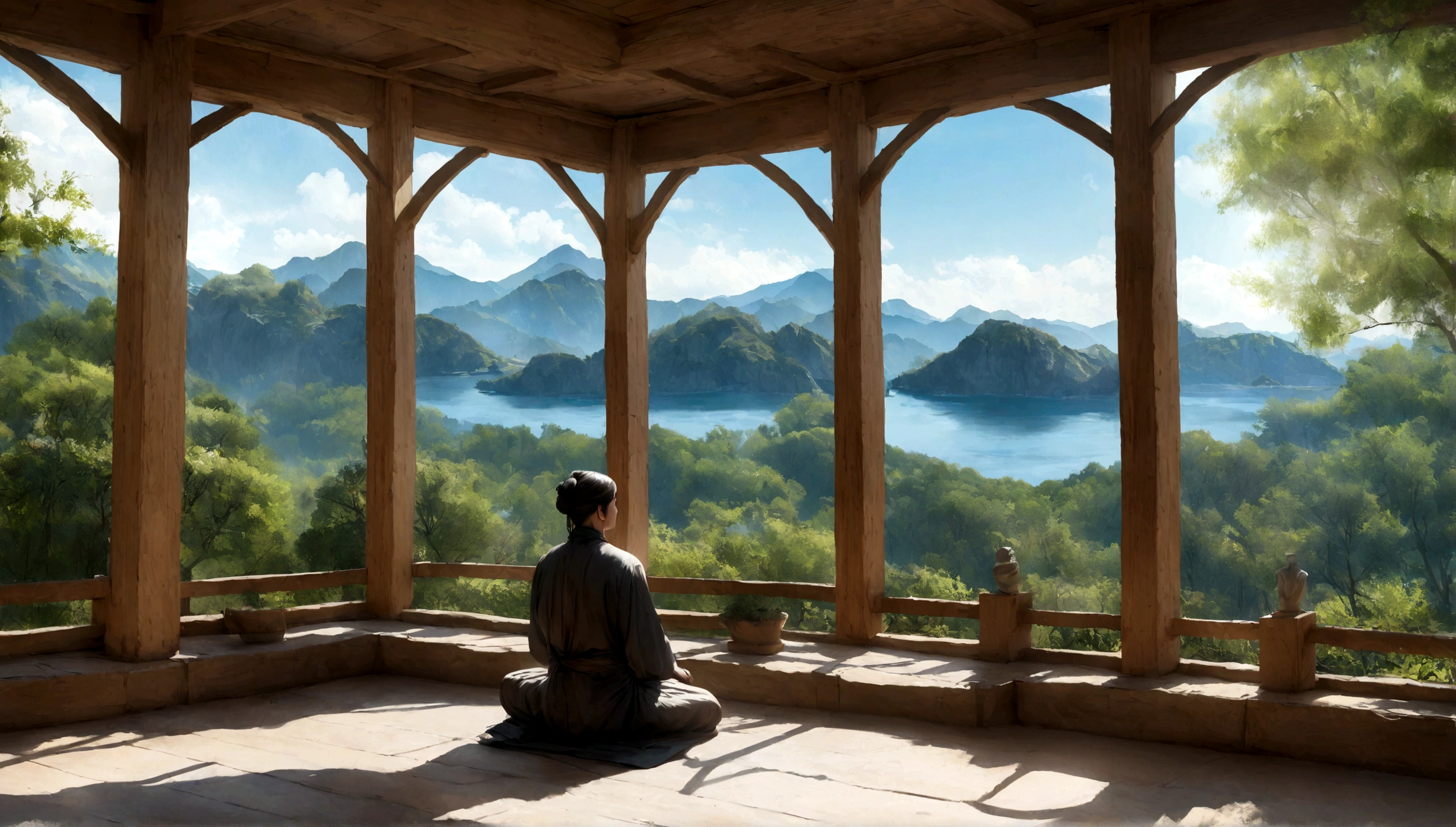(mejor calidad,4k,8K,high resolution,obra maestra:1.2),ultra detallado,(realista,photorealista,photo-realista:1.37),pelo largo negro,Hombre,White Taoist Robe,acantilado,FONDO ROJO,artistic style,Ocean view,luz de sol,serene expression,bata fluida,ventoso,ambiente tranquilo,Terreno accidentado,majestic mountains,dramatic sky,Rocas altas,Amplio paisaje,aura misteriosa,Morning light,Ambiente tranquilo,niebla sutil,meditation pose,paisaje majestuoso,entorno tranquilo,serene backdrop,lush vegetation,contrastes de color,colores armoniosos,Total immersion,Quiet contemplation,soledad,paz dichosa,horizonte lejano,suave brisa,dreamlike,retiro espiritual,ethereal beauty,Santuario aislado,Harmony with nature,Aesthetic perfection,serenidad de la mente,poetic scene,harmonious composition,artistic essence,rustic elegance,Serenity and wisdom. man seeing mountain with snow and green around
