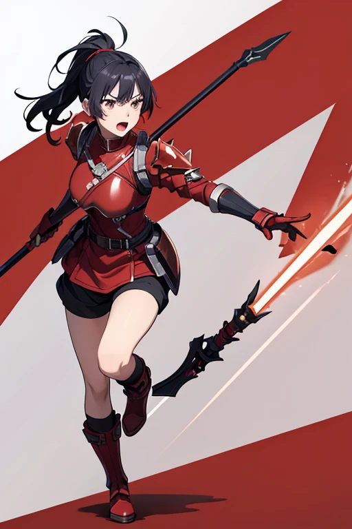 Anime drawings、Full body portrait、Red Infantry of Space SF、A woman around 155cm tall, around 17 years old, wearing red armor and shorts, charging with a long spear in her right hand.、Bullish expression、Open mouth and screaming、Hairstyle: short ponytail、Black Hair、Dark Eyes、Short boots