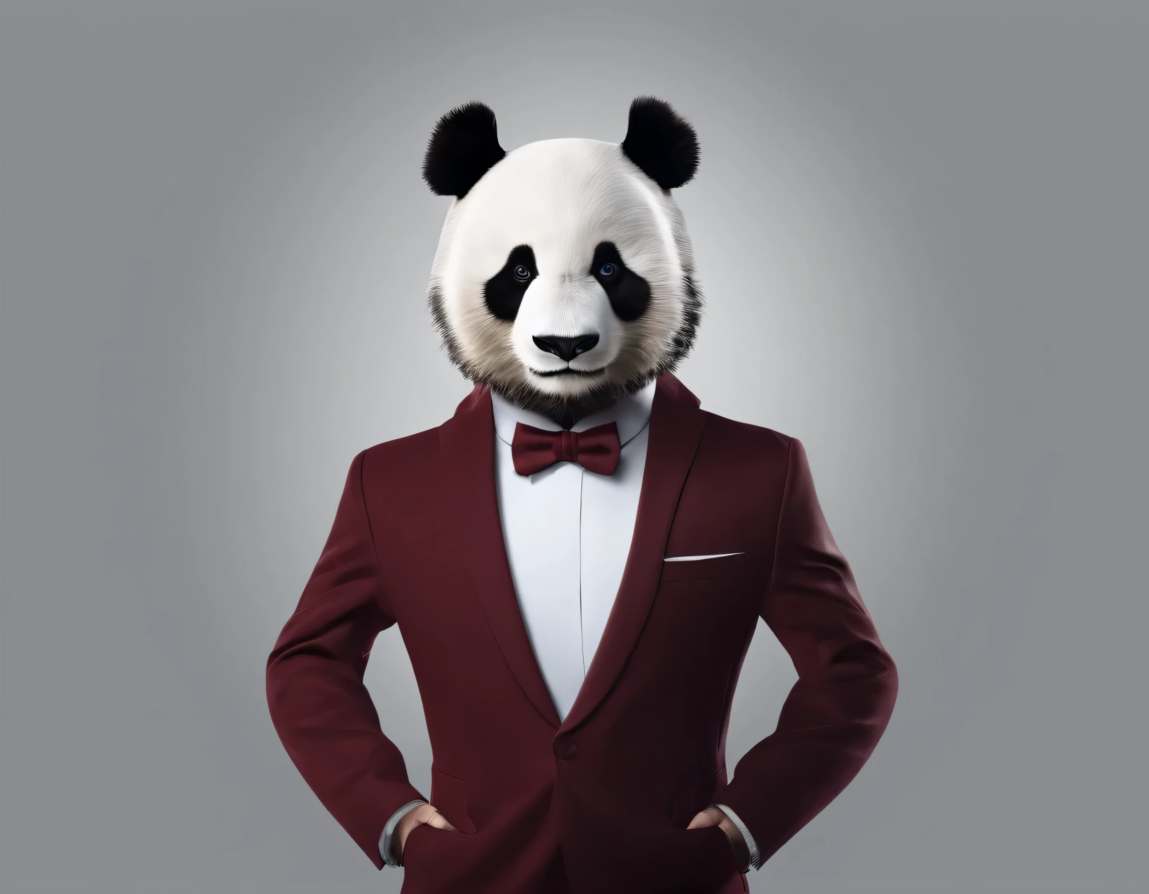 Hyperrealistic photo, ((without deformations)), high resolution, half body, f/13 with high depth of field, panda bear (realistic fur) with elegant dark red business suit, standing, left profile position, with very serious look. (gray background)