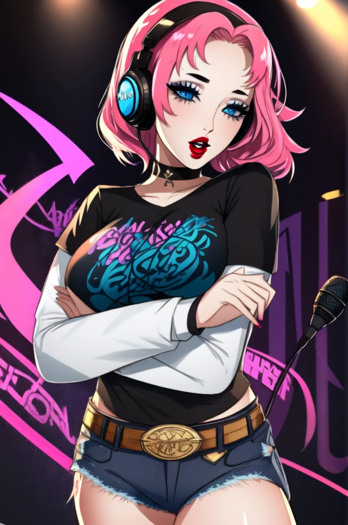 (masterpiece:1.2), best quality, high resolution, 1girl, solo, Cornelia, pink hair, blue eyes,earrings ,lipstick, eye shadow, makeup, 1girl, solo, black t-shirt, white shirt, blue jeans, belt, lipstick, large breasts, layered sleeves, sexy pose, holding a microphone, singing, stage background, headphones,
