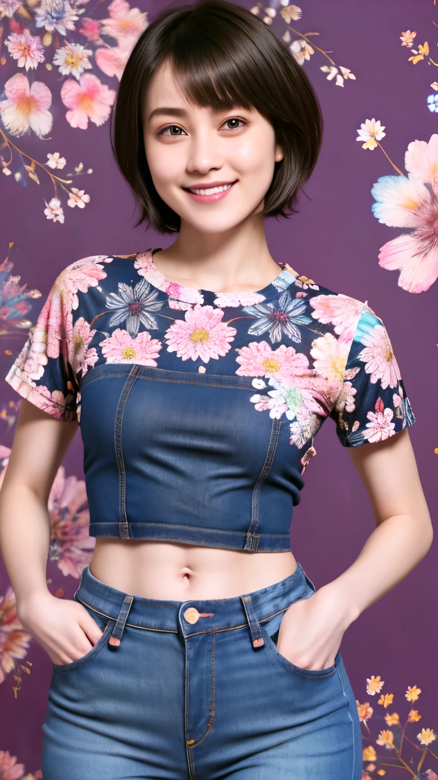 238 18-year-old female, short hair, (Jeans andT-shirt), A kind smile, lipstick, Abdominal muscles, (Floral Background、Fractal Patterns)