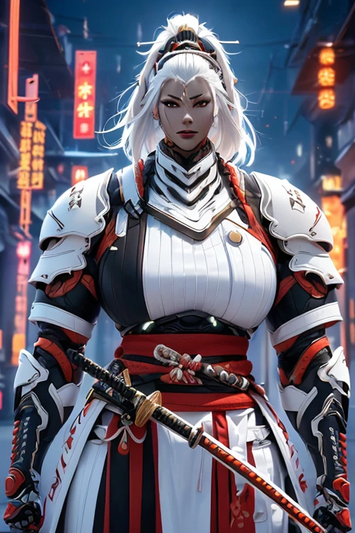 ((((Massive, tall, beautiful, buff, muscular light brown skinned female samurai with white hair, black lipstick, ginormous bulky muscles, holding a white fire sword and wearing an all white cyber samurai armor with pants)))), {close view}, black eyeliner, massive muscles, large breast, massive biceps, hyper muscle triceps, (long straight hair), blue eyes, samurai boots, In a futuristic city, sleeveless, steel samurai armor, nighttime, closed smile, hyper muscles arms, hyper muscle legs, ginormous arms