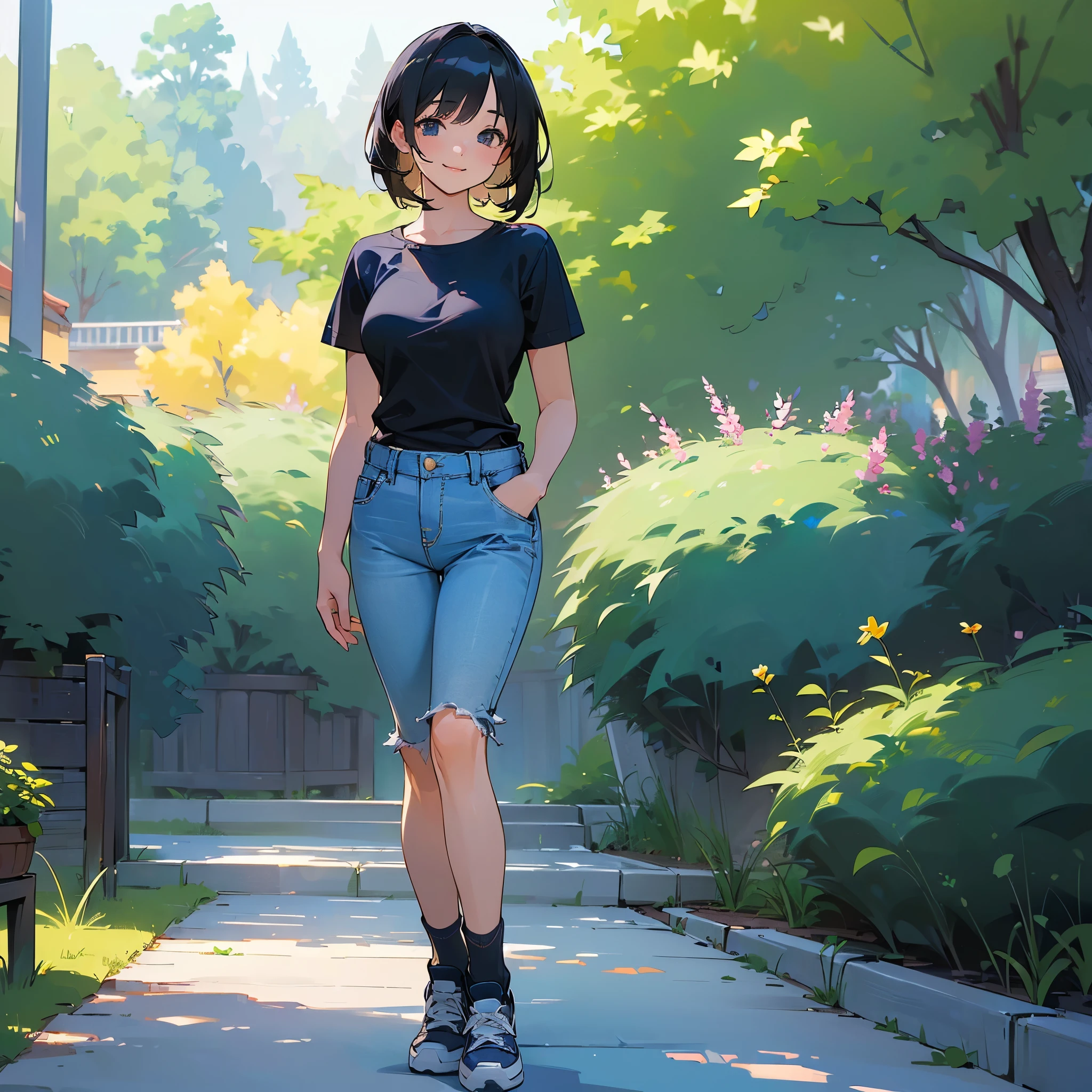 (high quality, High resolution, Very detailed, reality:1.37), Peaceful atmosphere, (Outdoor, garden), Teenage girl standing alone, (my breasts are big.), Beautiful details, Cute Smile, (Black bob hair), Short sleeve shirt, Denim pants, Blue socks, sneakers.