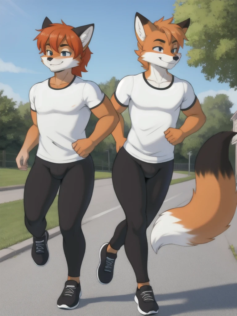 Furry, fox, male, twins, black leggings, white shirt, jogging outside the house,
