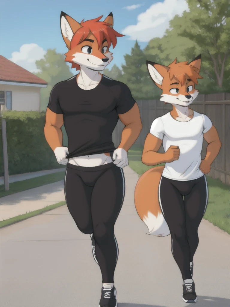 Furry, fox, male, twins, black leggings, white shirt, jogging outside the house, 