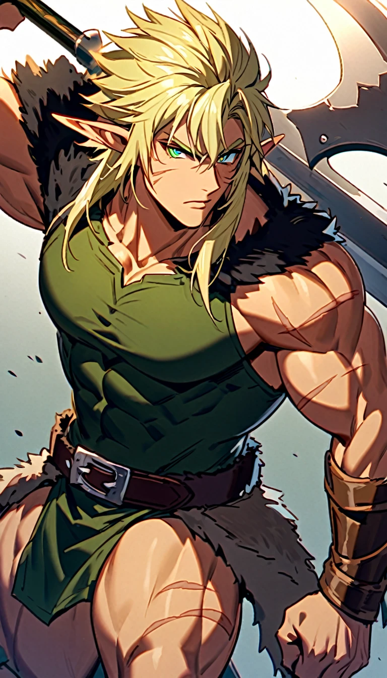 A male high elf barbarian. The high elf should be a man with blonde hair and green eyes. The elf should have a muscular body with scars. The elf should have a powerful axe and a barbarion outfit.