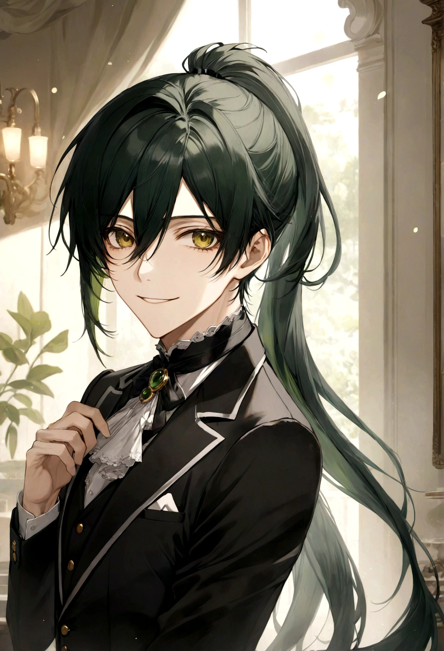 ((top-quality)), ((masterpiece)), ((ultra-detailliert)), (extremely delicate and beautiful), handsome man, dark green hair, long straight hair, high ponytail hairstyle, golden eyes, serene expression, graceful smile, wearing black butler suit, tearoom background