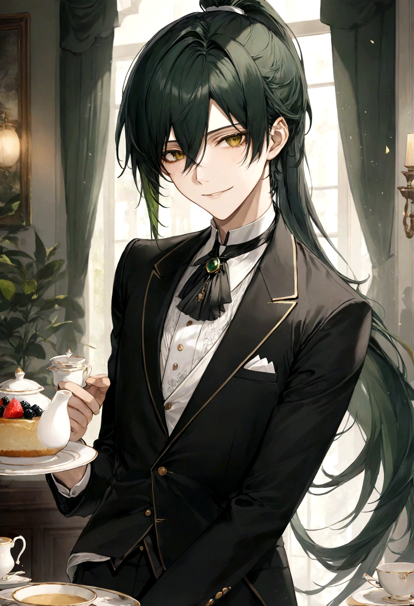((top-quality)), ((​masterpiece)), ((ultra-detailliert)), (extremely delicate and beautiful), handsome man, dark green hair, long straight hair, high ponytail hairstyle, golden eyes, serene expression, graceful smile, wearing black butler suit, tearoom background