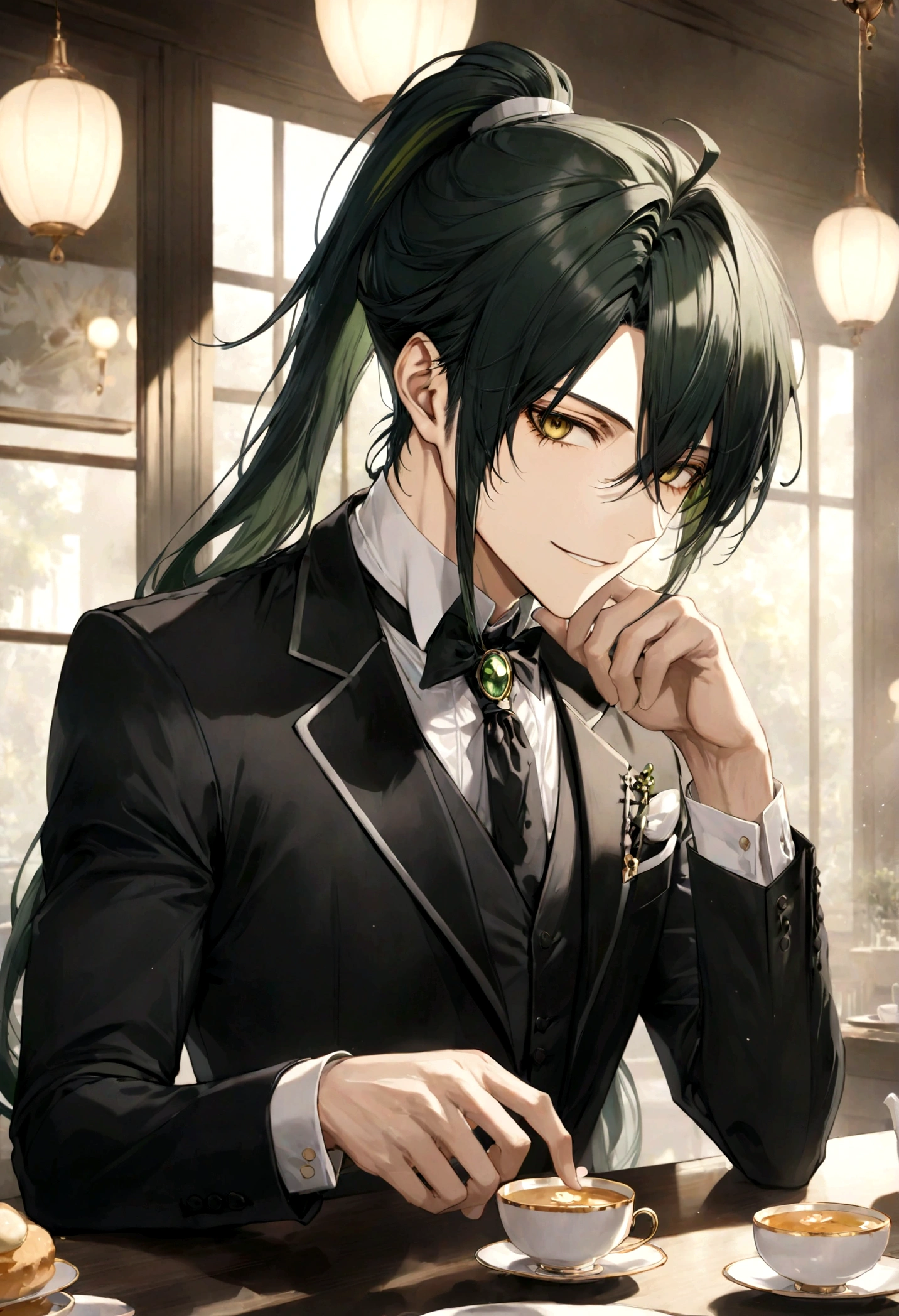 ((top-quality)), ((masterpiece)), ((ultra-detailliert)), (extremely delicate and beautiful), handsome man, dark green hair, long straight hair, high ponytail hairstyle, golden eyes, serene expression, graceful smile, wearing black butler suit, tearoom background