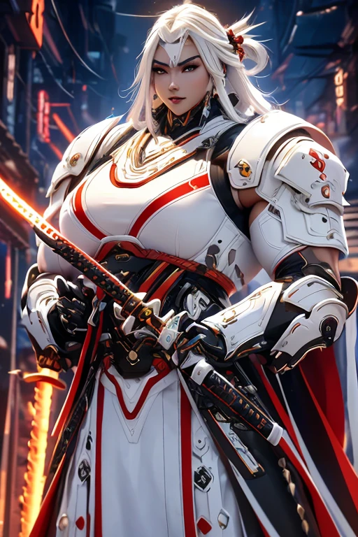((((Massive, beautiful, buff, muscular light brown skinned female samurai with white hair, black lipstick, ginormous bulky muscles, holding a white fire sword and wearing an all white cyber samurai armor with pants)))), {close view}, black eyeliner, massive muscles, large breast, massive biceps, hyper muscle triceps, (long straight hair), blue eyes, samurai boots, In a futuristic city, sleeveless, steel samurai armor, nighttime, closed smile, hyper muscles arms, hyper muscle legs, ginormous arms