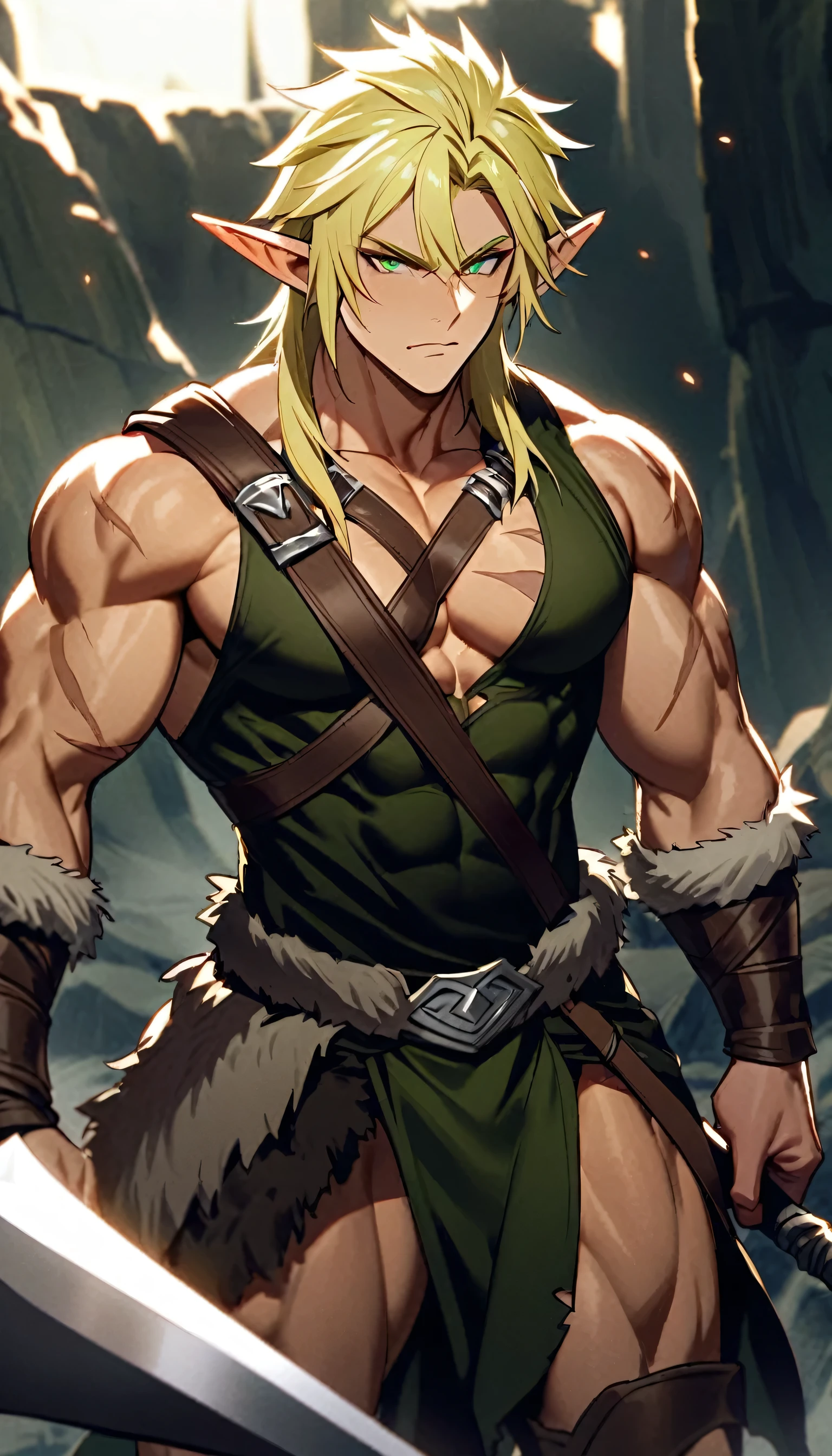 A male high elf barbarian. The high elf should be a man with blonde hair and green eyes. The elf should have a muscular body with scars. The elf should have a powerful axe and a barbarion outfit.