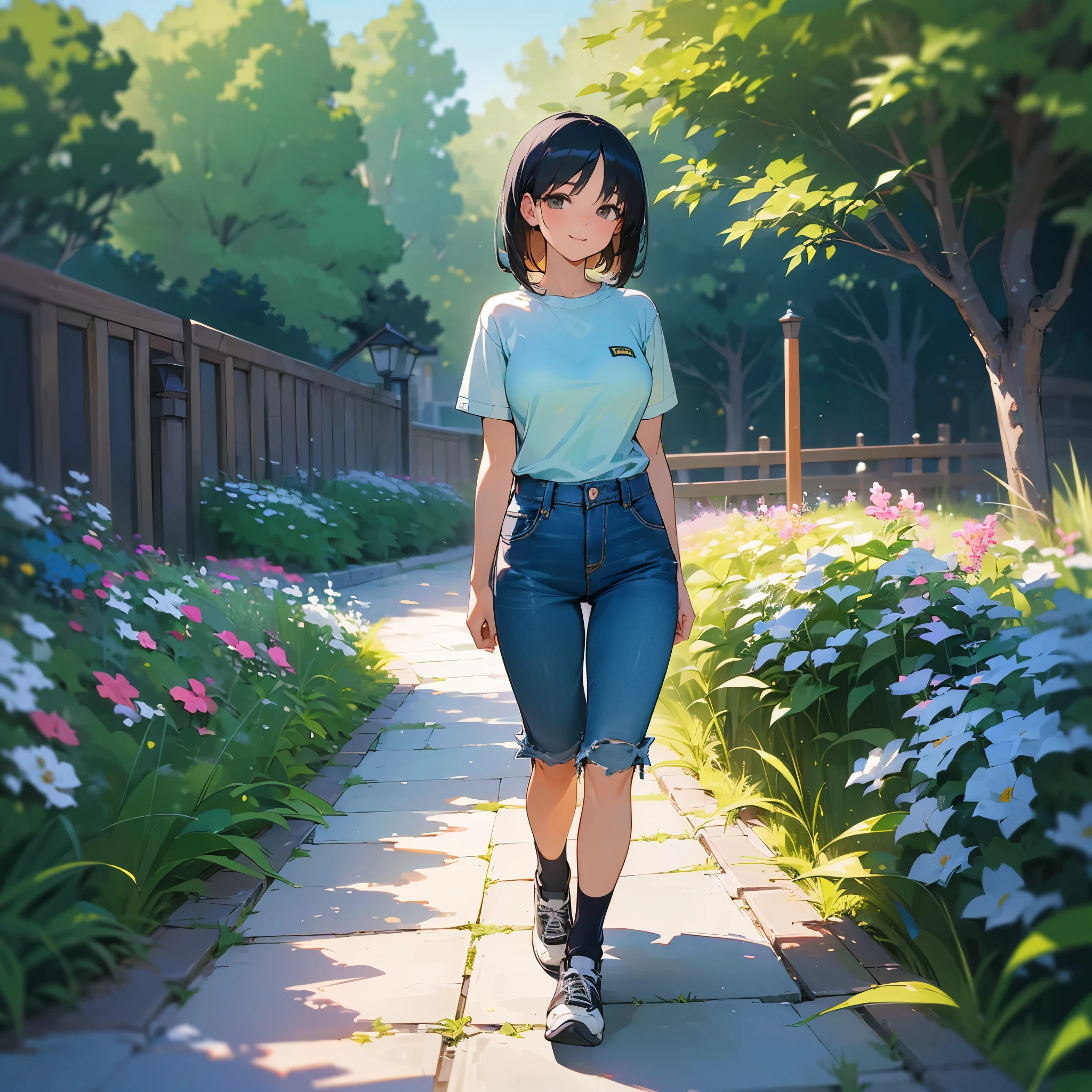 (high quality, High resolution, Very detailed, reality:1.37), Peaceful atmosphere, (Outdoor, garden),  girl standing alone, (my breasts are big.), Beautiful details, Cute Smile, (Black bob hair), Short sleeve shirt, Denim pants, Blue socks, sneakers.