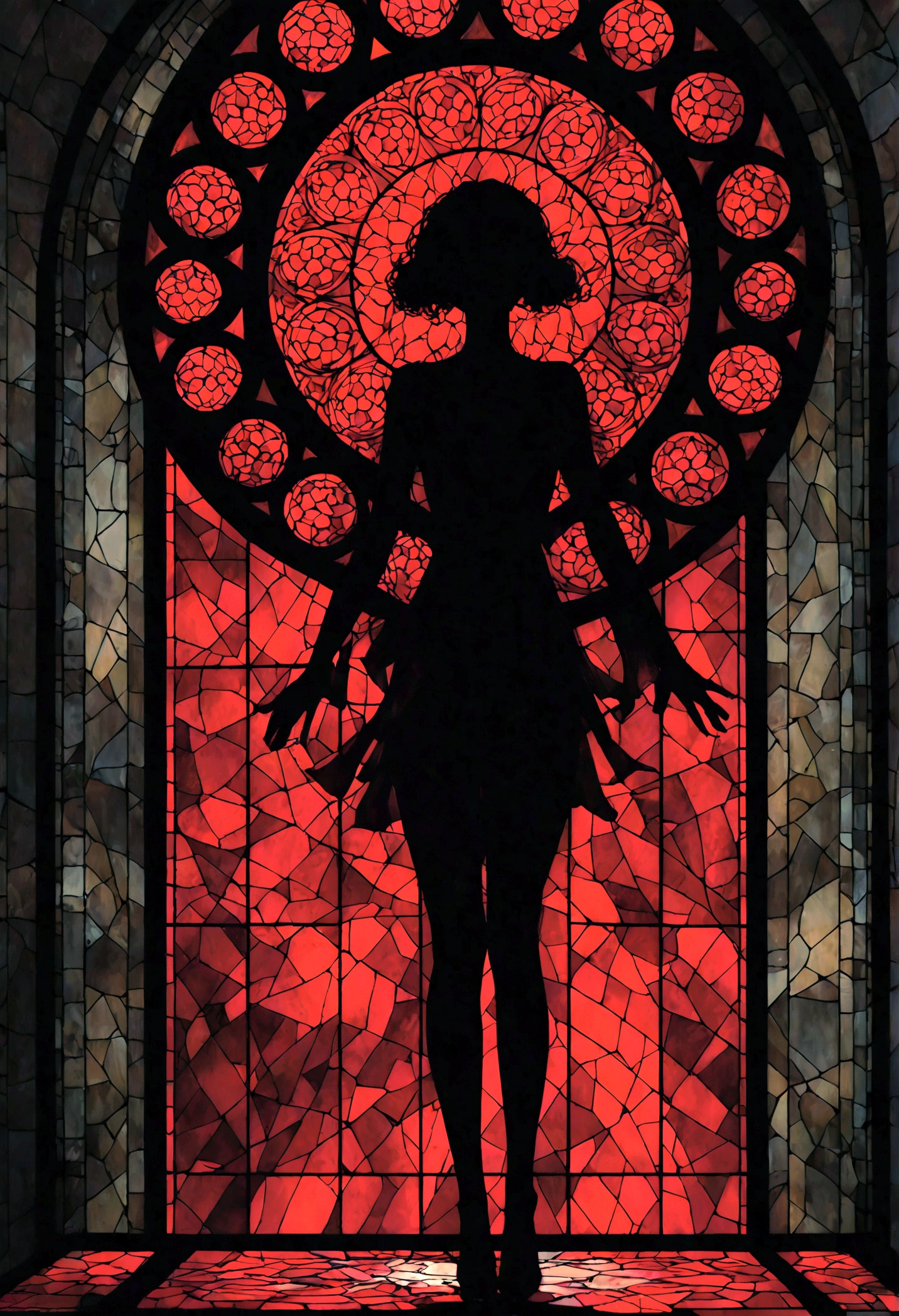 (in style of John Bauer:0.8),in style of Ashley Wood,in style of Lillian Bassman, 1girl,(black silhouette body:1.2),translucent arms,it was as if there was a nebula swirling in it,(nebula's glowing arms:1.3),black_background,character cutout,red eyes,(red stained glass:1.5), BREAK Detailed,(darkness:1.4),(very detailed shadows:1.3),absolute shadows,absolute darkness, anatomical correct:2,
