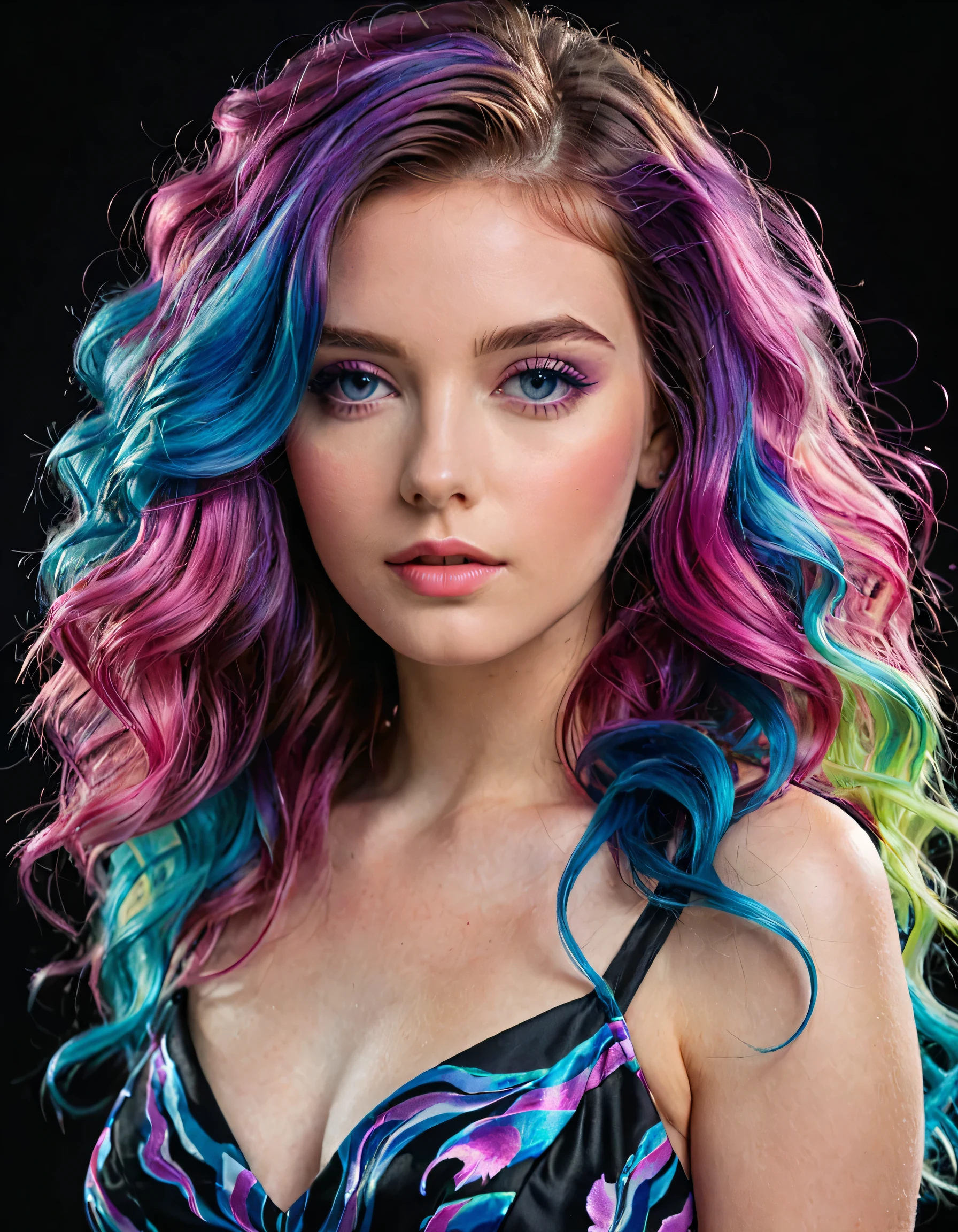 a young woman with vibrant multi-colored hair featuring shades of purple, blue, and pink. Her hair is styled in loose waves, long hair, adding a dynamic and youthful energy to the image, clear face, sharp details, blue eyes, perfect eyes, realistic skin texture, wearing a black dress, accentuated by a silently potent atmosphere, ultra high-quality model, masterpiece, capturing in 8k-resolution, Photorealistic, 35mm photograph, cinematic lighting, 8k, hyper-realistic, hyperrealism, highly detailed, UHD, high definition, ultra-realistic, high-quality,