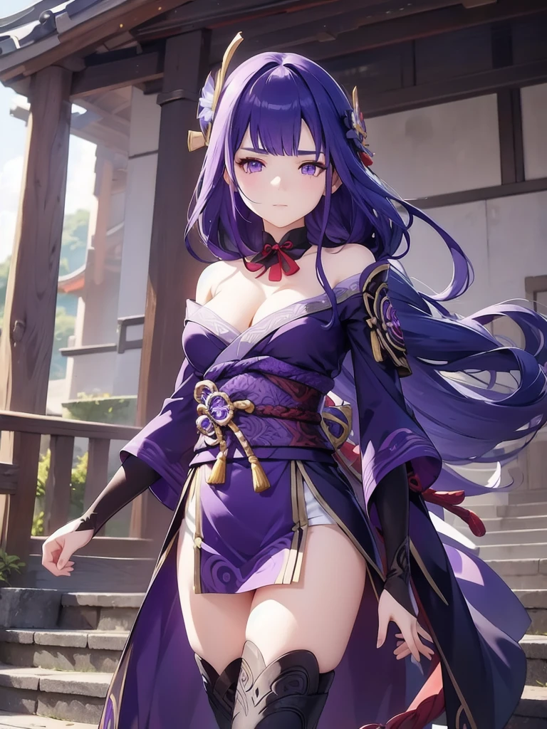 shogun, 1girl, solo, long hair, looking at viewer, hair ornament, thighhighs, long sleeves, ribbon, holding, cleavage, closed mouth, purple eyes, weapon, purple hair, braid, flower, japanese clothes, sword, wide sleeves, kimono, holding weapon, armor, mole, blurry, sash, mole under eye, holding sword, obi, shoulder armor, tassel, bridal gauntlets, stairs, purple flower, vision (genshin impact), obijime, tomoe (symbol), obiage, mitsudomoe (shape)