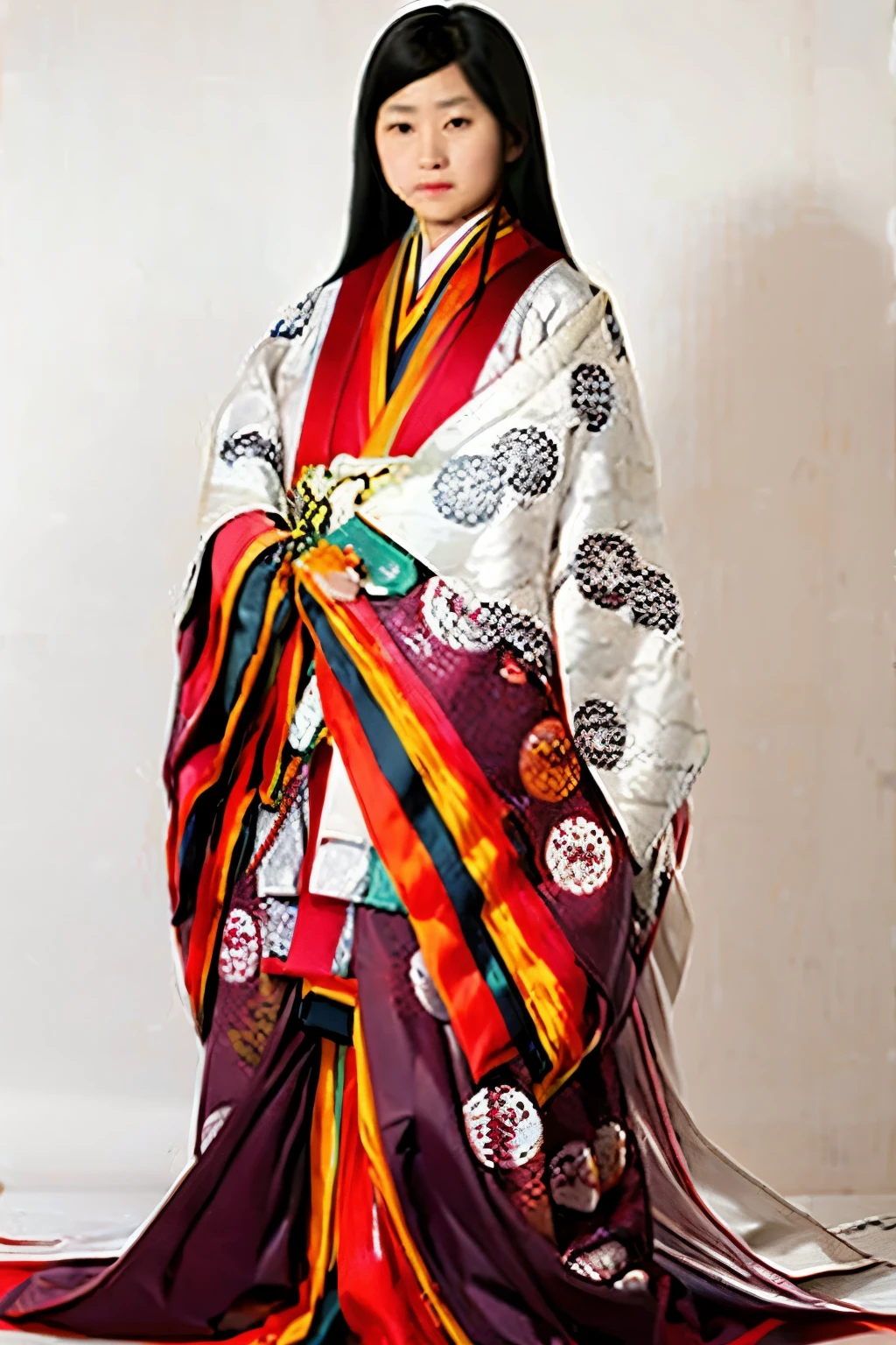 (masterpiece, highest quality:1.2), One girl, (beautiful japanese girl:1.2), juni-hitoe, solo, (full body), Straight long black hair、hiogi、court crest print, itutuginu, kasanenoirome, munamoto itutugine, sodeguchi itutuginu, suso itutuginnu, detail, Blank background, white background,