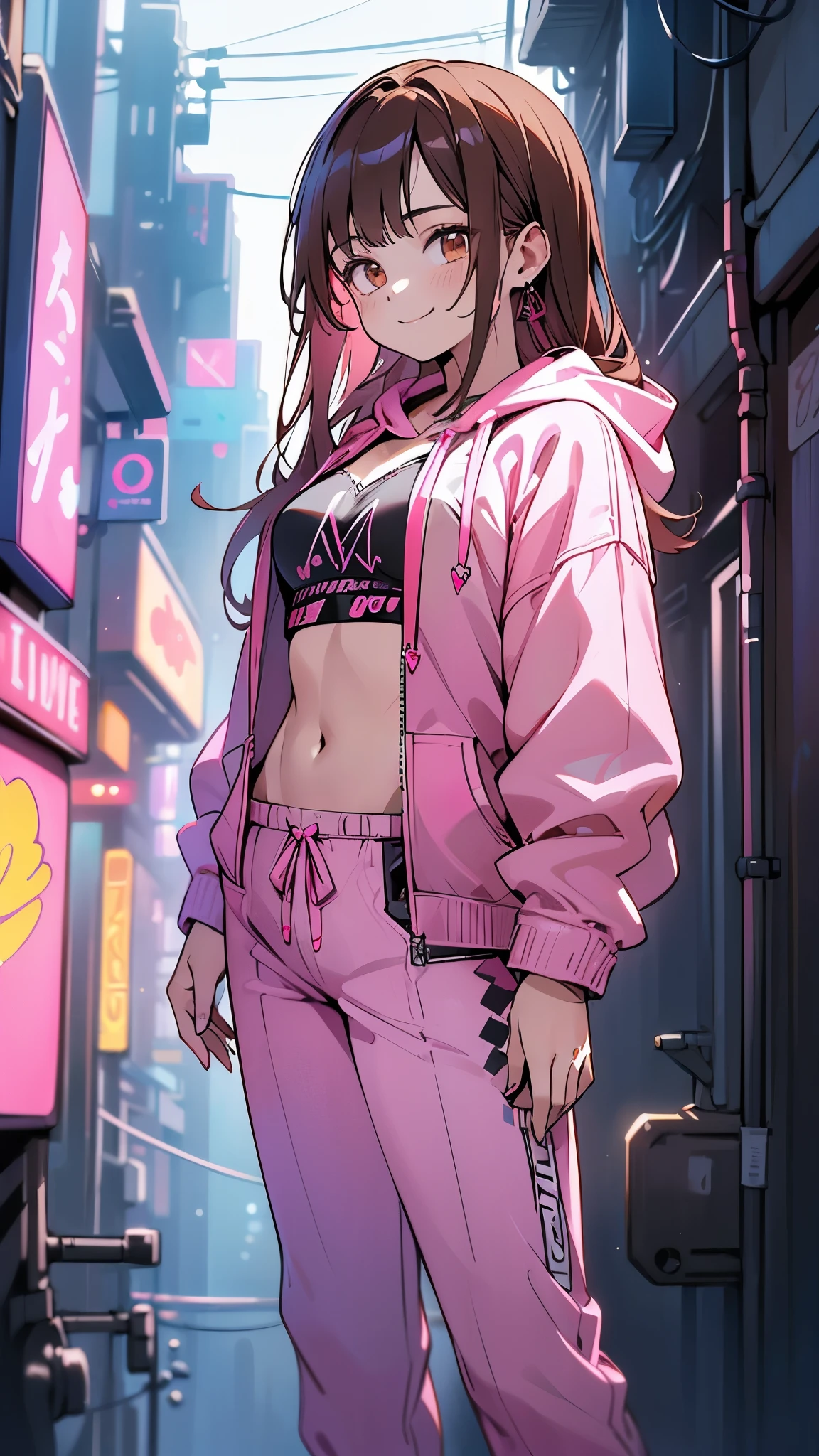 (highest quality, 4k, High resolution, masterpiece:1.2), Super detailed, (anime style, photorealistic:1.37), cinematic light, Bright colors and mesmerizing effects, Soft and delicate lighting, gentle shine, Beautiful and gentle atmosphere throughout the scene, (1girl:1.5), joven, (Cara finamente detallada:1.4, Ropa detallada), (Detallado:1.4) named (Eimi Fukada:1.1) BREAK Cara hermosa, Profundidad de campo, Agregar capa, 27 years old, Modelo de cuerpo perfecto, senos perfectos, 175cm de altura, pose sexy, full body, cuerpo completo, Tipo de cuerpo del modelo, BREAK (pink hoodie:1.5), (bikini pink:1.4), (pink pants:1.3), (Cabello largo:1.3), (brunette:1.1), dark brown hair, doble parpado, (reddish brown eyes:1.5) BREAK blush, long hair, nijistyle, smile, (alley background big stones), (cowboy shot:1.3), cyber_style_girl, (cyberpunk:1.3)