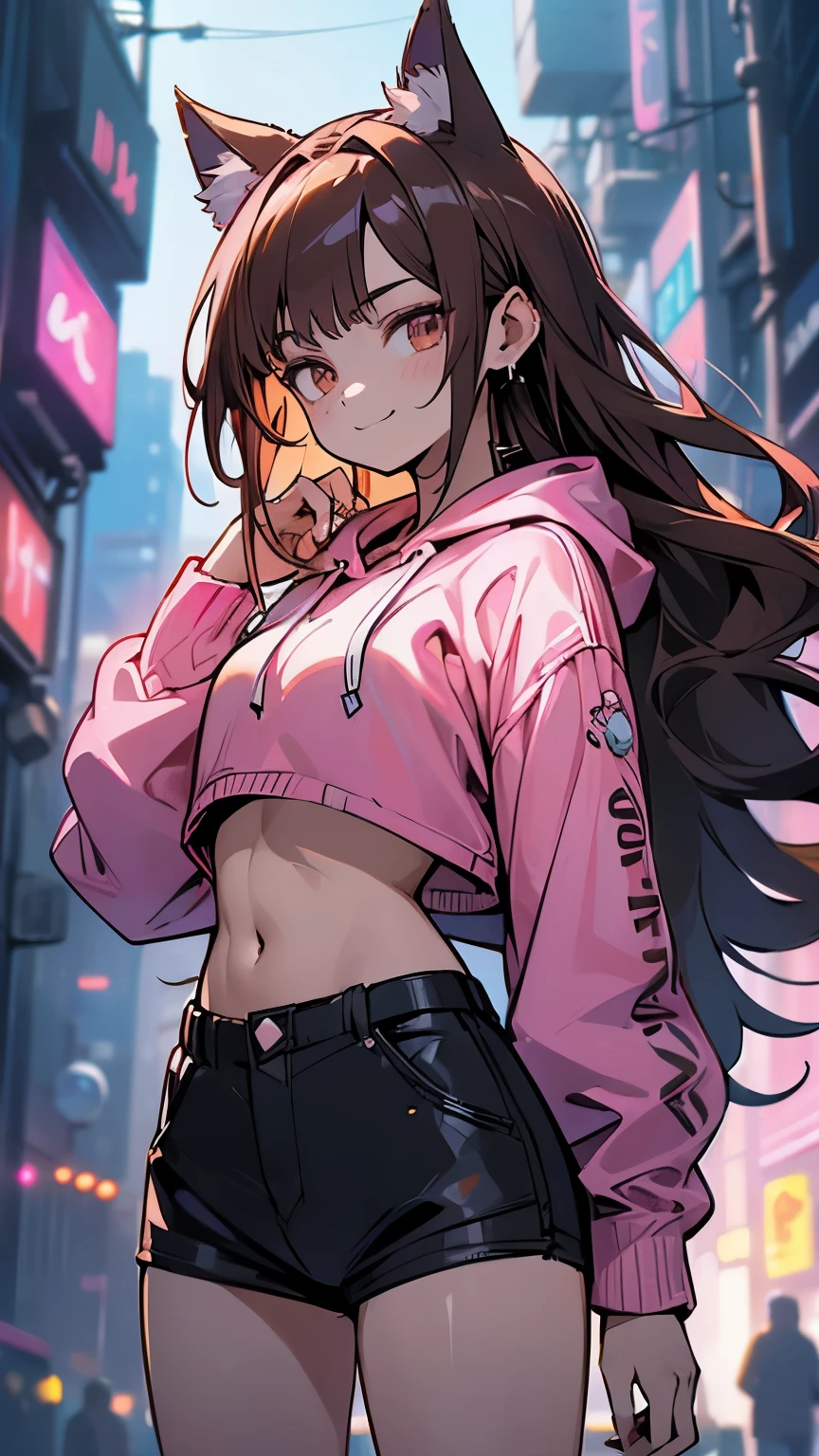 (highest quality, 4k, High resolution, masterpiece:1.2), Super detailed, (anime style, photorealistic:1.37), cinematic light, Bright colors and mesmerizing effects, Soft and delicate lighting, gentle shine, Beautiful and gentle atmosphere throughout the scene, (1girl:1.5), joven, (Cara finamente detallada:1.4, Ropa detallada), (Detallado:1.4) named (Eimi Fukada:1.1) BREAK Cara hermosa, Profundidad de campo, Agregar capa, 27 years old, Modelo de cuerpo perfecto, senos perfectos, 175cm de altura, pose y, full body, cuerpo completo, Tipo de cuerpo del modelo, BREAK (pink crop top hoodie:1.5), (nak4), (Cabello largo:1.3), (brunette:1.1), dark brown hair, doble parpado, (reddish brown eyes:1.5) BREAK blush, long hair, nijistyle, smile, (alley background big stones), (cowboy shot:1.3), cyber_style_girl, (cyberpunk:1.3), cute cat ears, squatting, (from above:1.3)