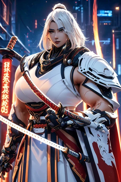 ((((Massive, beautiful, buff, muscular light brown skinned female samurai with white hair, black lipstick, ginormous bulky muscles, holding a white fire sword and wearing an all white cyber samurai armor with pants)))), {close view}, black eyeliner, massive muscles, large breast, massive biceps, hyper muscle triceps, (long straight hair), blue eyes, samurai boots, In a futuristic city, sleeveless, steel samurai armor, nighttime, closed smile, hyper muscles arms, hyper muscle legs, ginormous arms